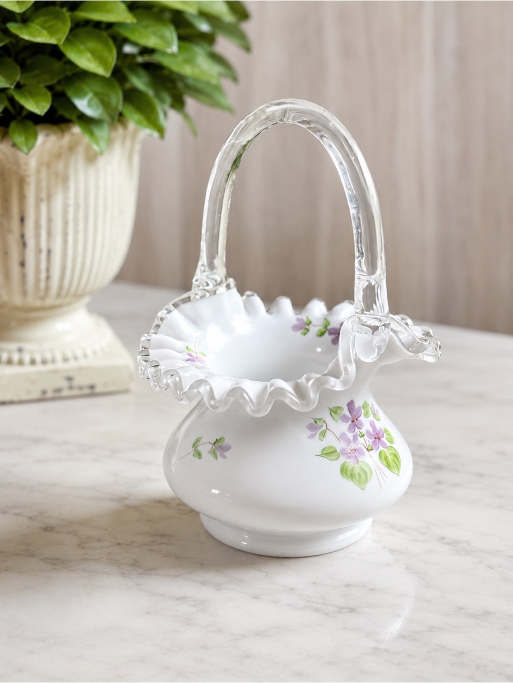 Vintage White Milk Glass Basket with Clear Handle & Hand-Painted Violets